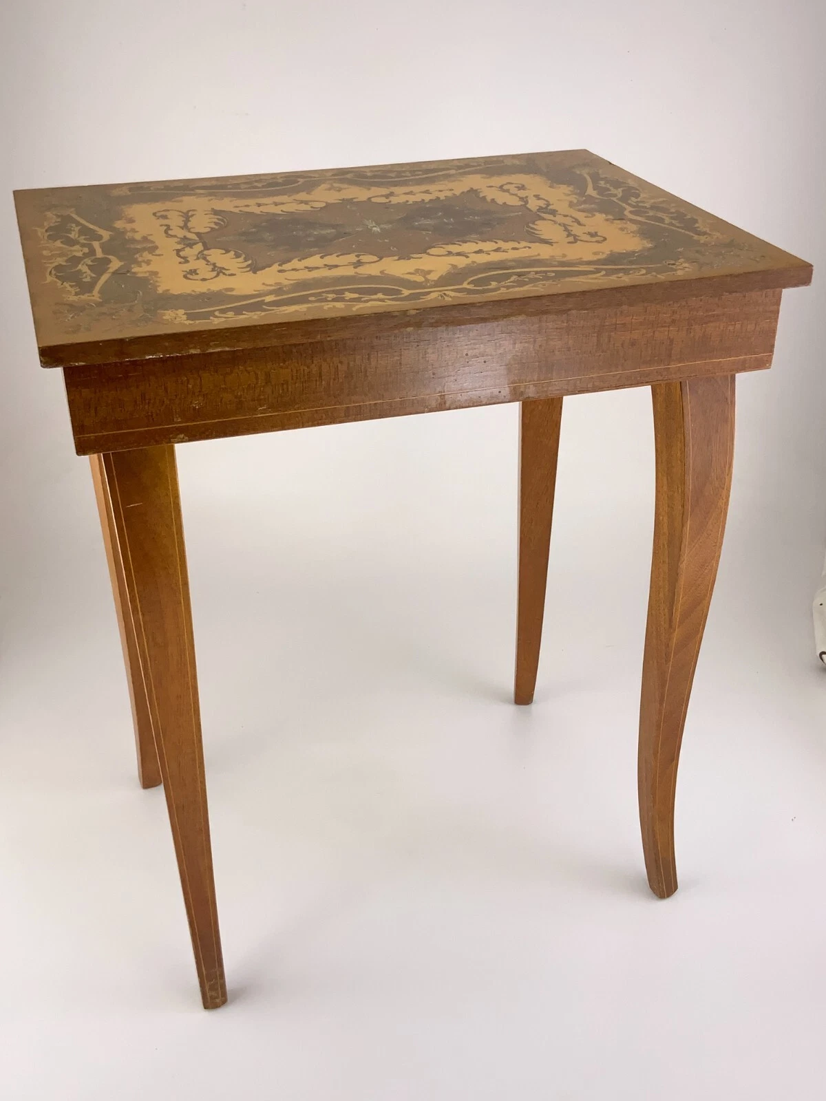 Wooden Side Table with Inlaid Marquetry Design and Built-In Music Box