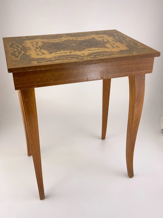 Wooden Side Table with Inlaid Marquetry Design and Built-In Music Box